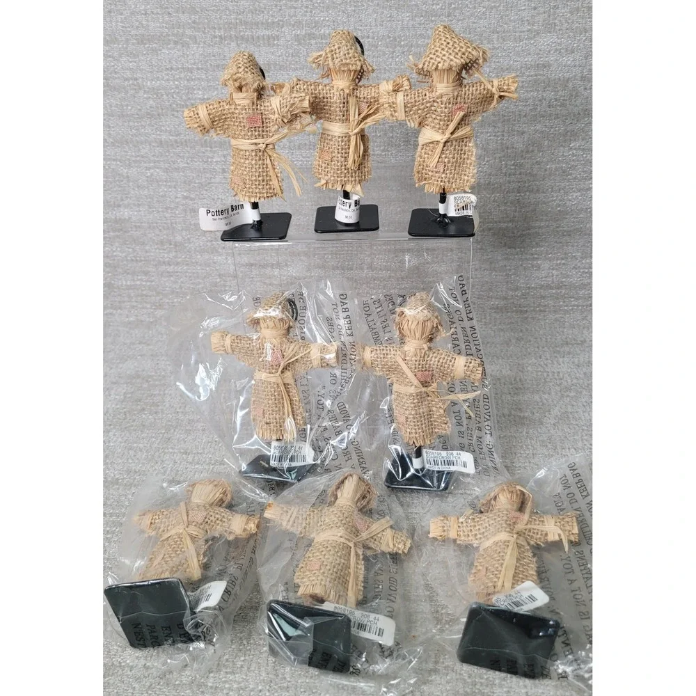 Pottery Barn Scarecrow Place Card Holders Set of 8 Fall Harvest Burlap NEW RARE